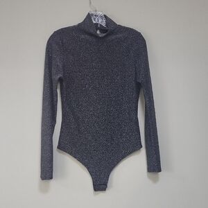 LA BANGA Black Metallic Silver Mock Neck Long Sleeve Stretchy Bodysuit